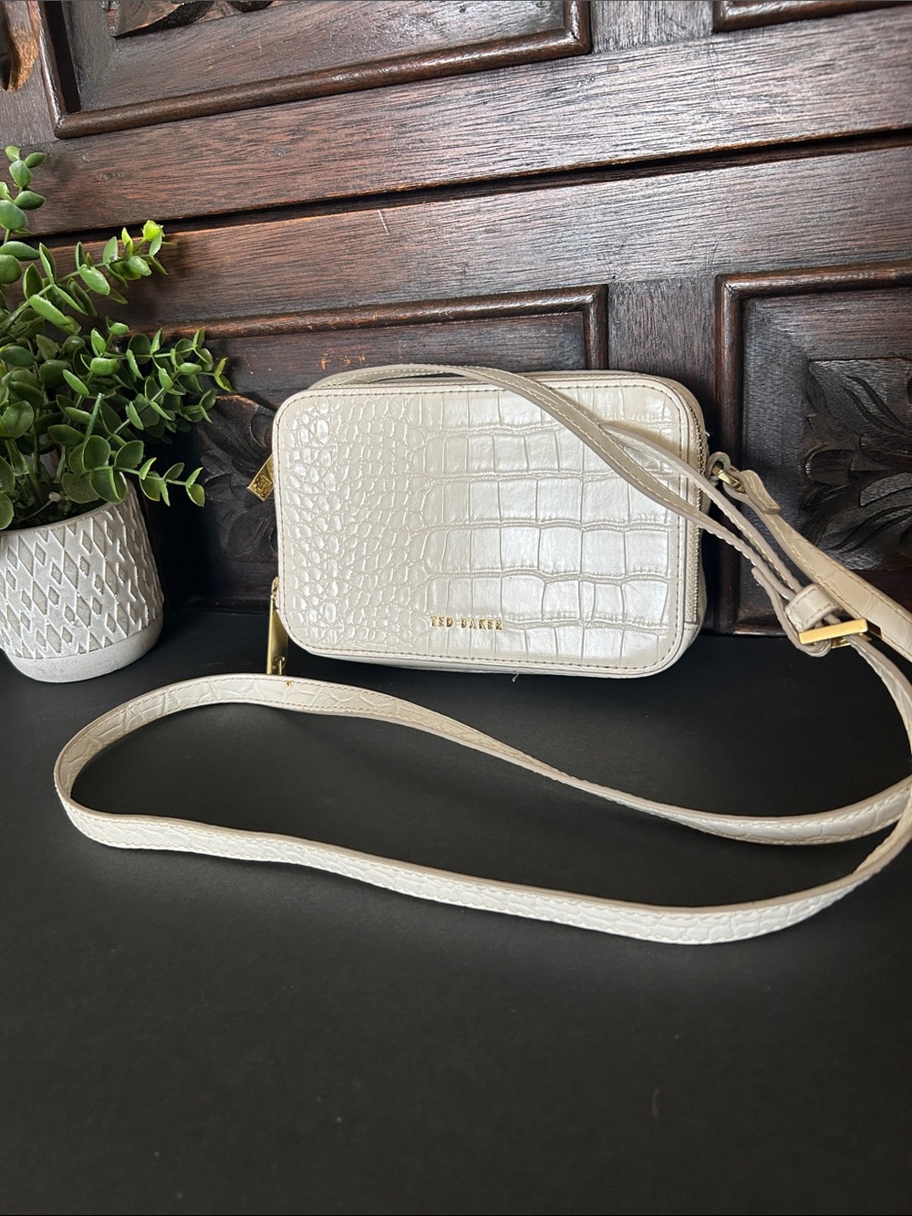 Ted Baker Cream Croc-Embossed Crossbody Camera Bag